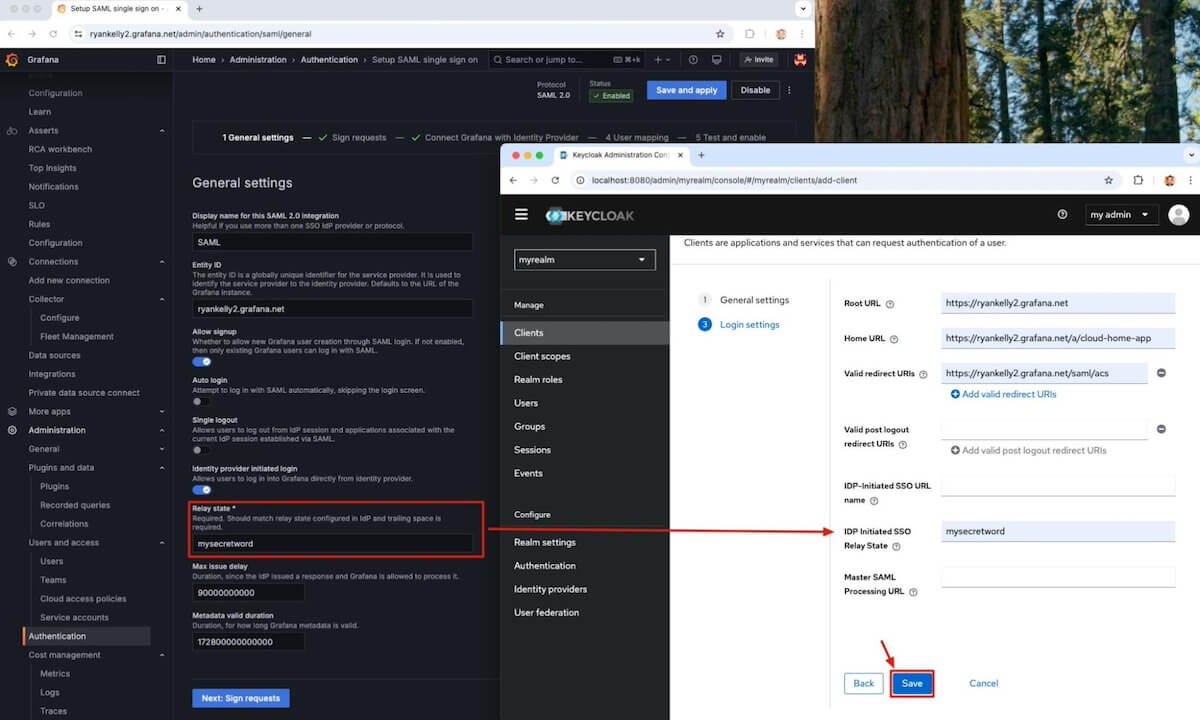 A screenshot showing the Grafana Cloud relay state matching the idP initiated SSO Relay State in Keycloak