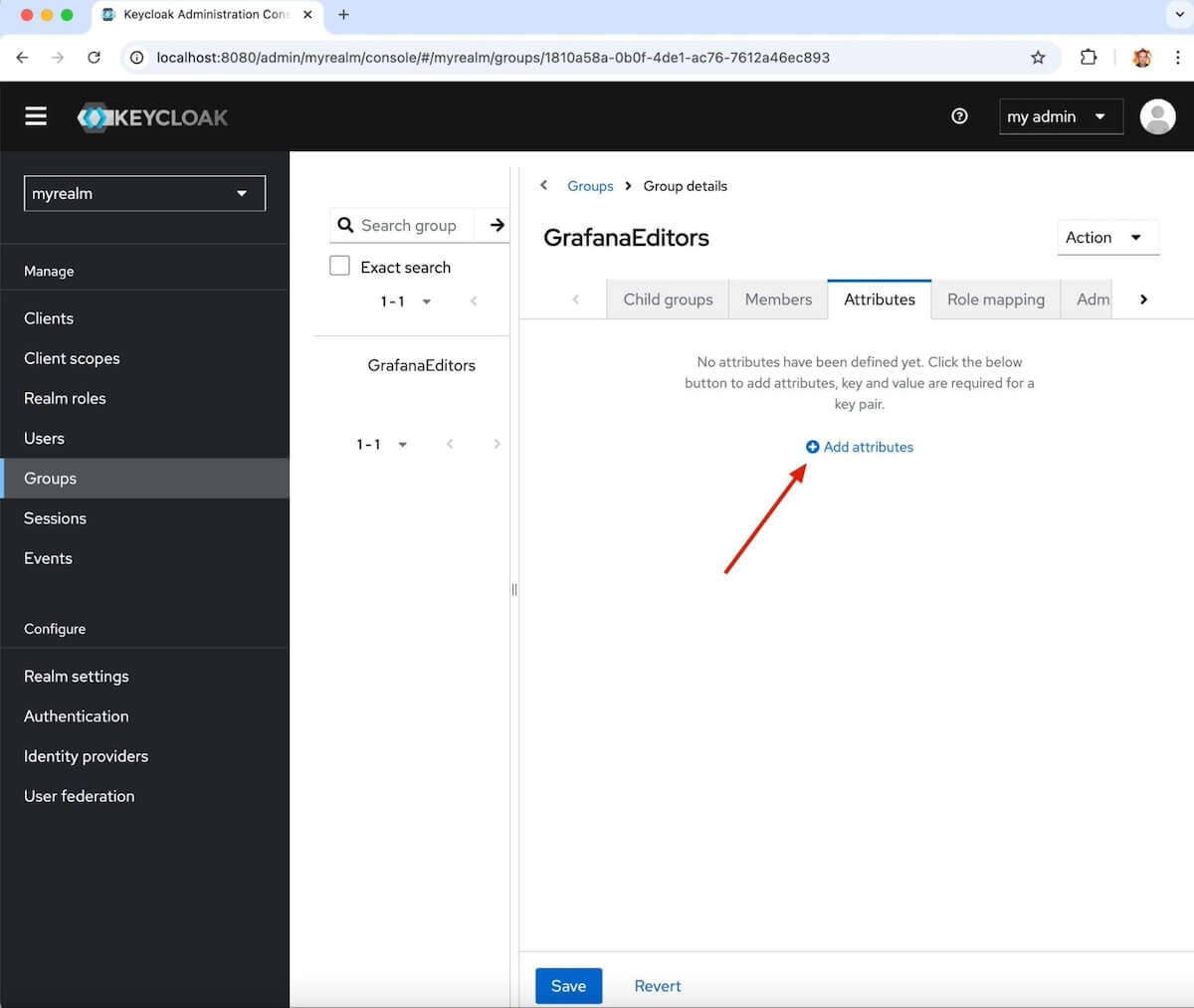 A screenshot of the Attributes tab in the GrafanaEditors window in Keycloak with an arrow at the Add attributes button