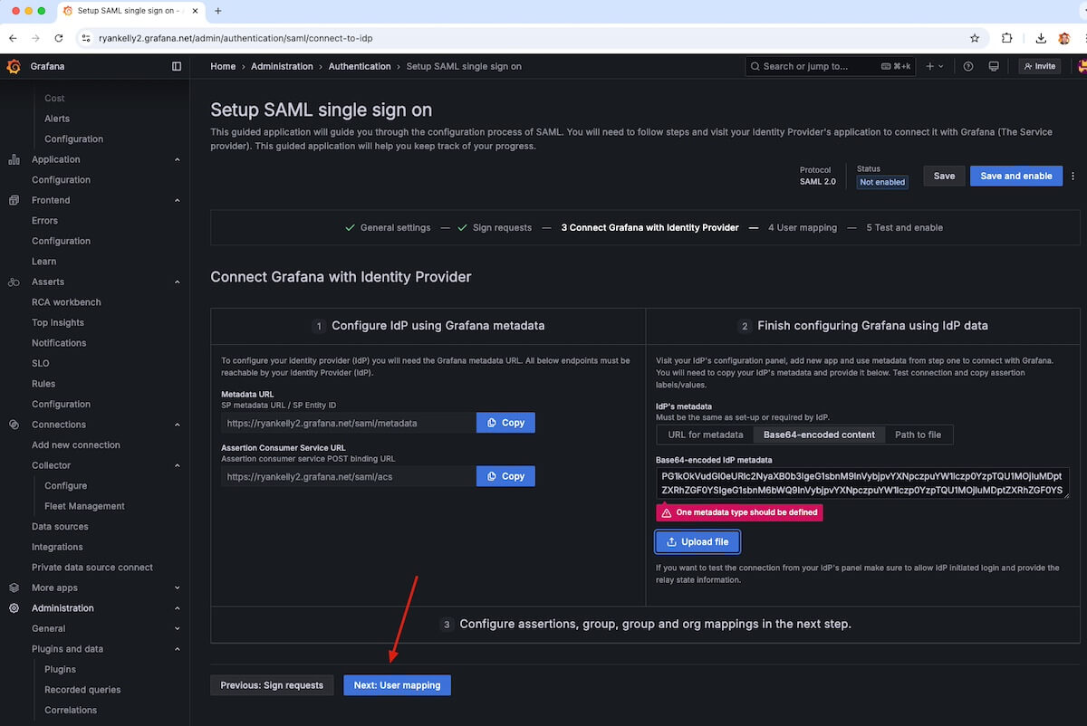 A screenshot of a Grafana Cloud window with an arrow pointing at the Next: User mapping button