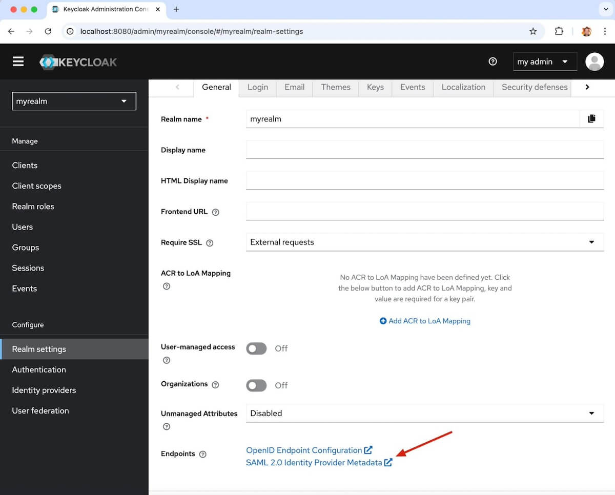 A screenshot of a Keycloak window with an arrow pointing at the SAML 2.0 Identity Provider Metadata link