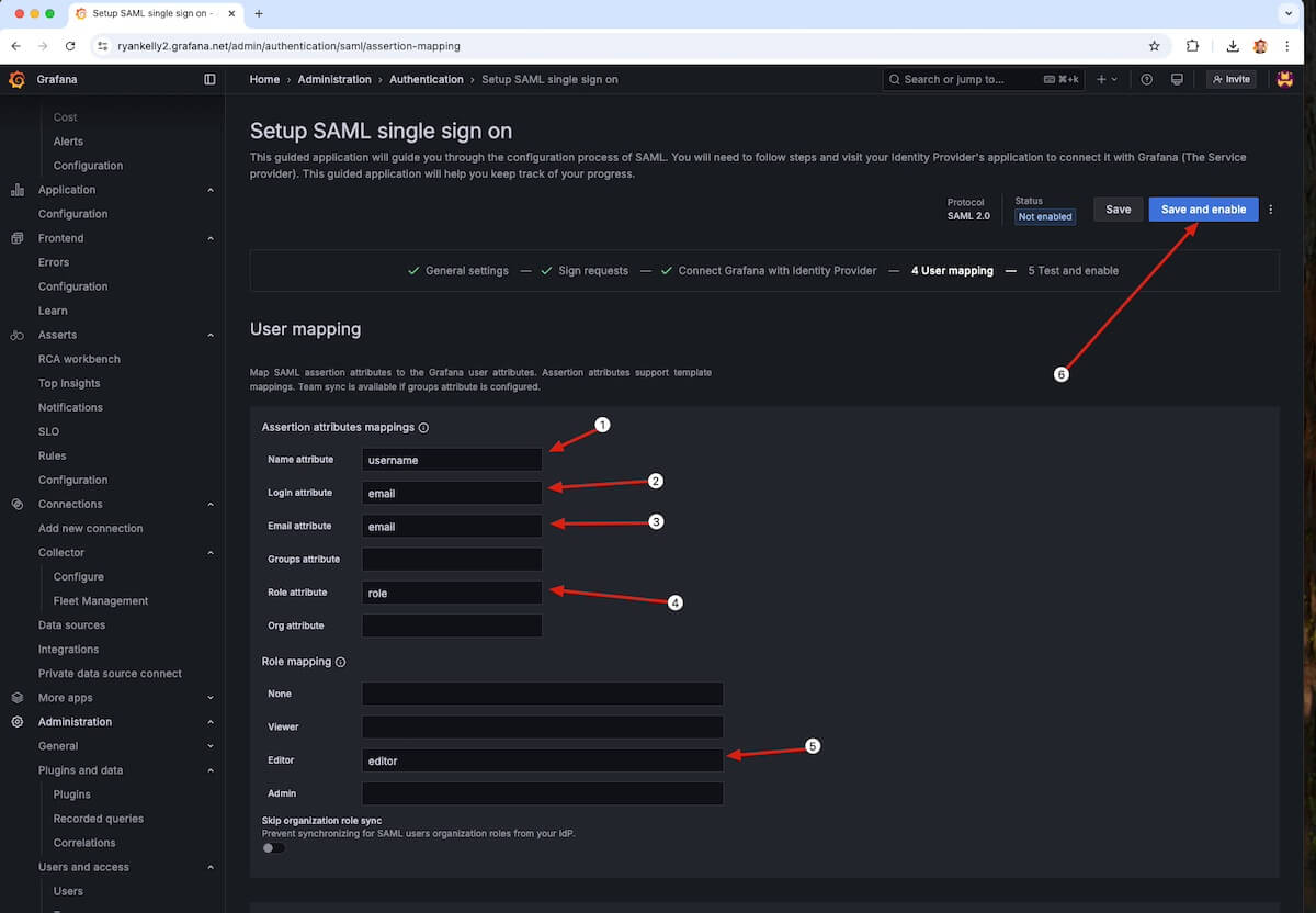 A screenshot of the User mapping page in Grafana Cloud's SAML single sign on setup, with arrows showing boxes to fill in