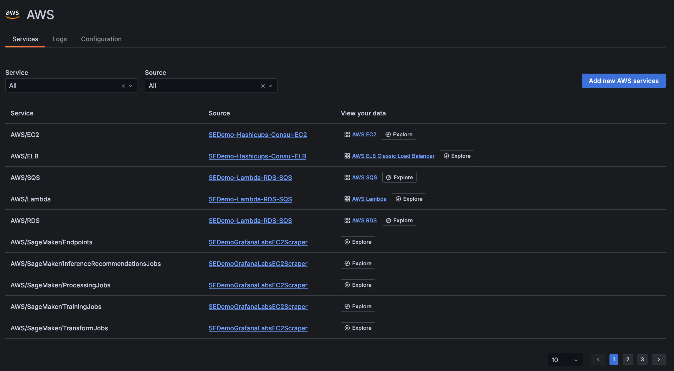 List of available services on **Services** tab List of available services on **Services** tab