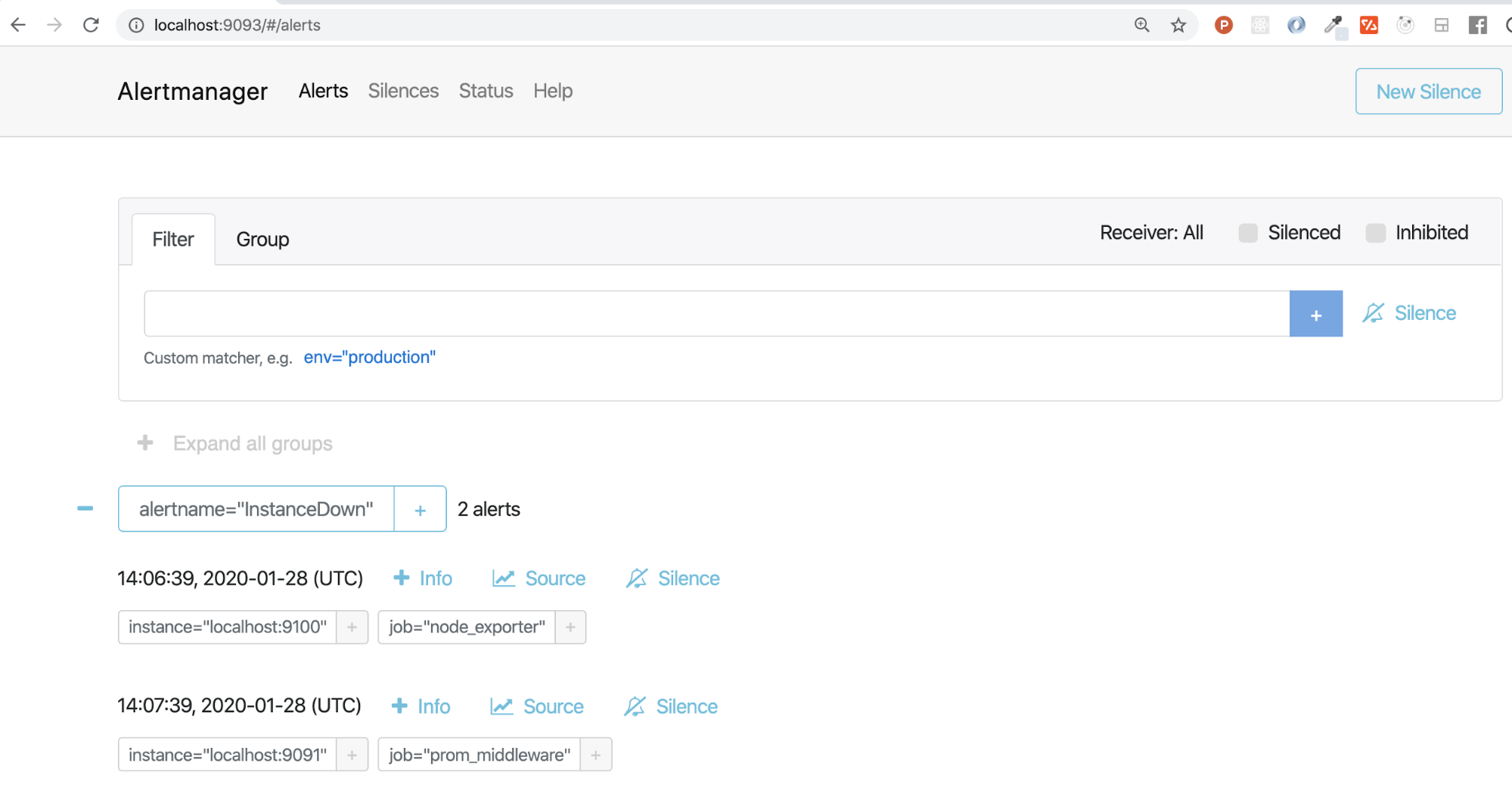 *Prometheus Alertmanager mit 2 aktiven Alarms.* *Prometheus Alertmanager mit 2 aktiven Alarms.*