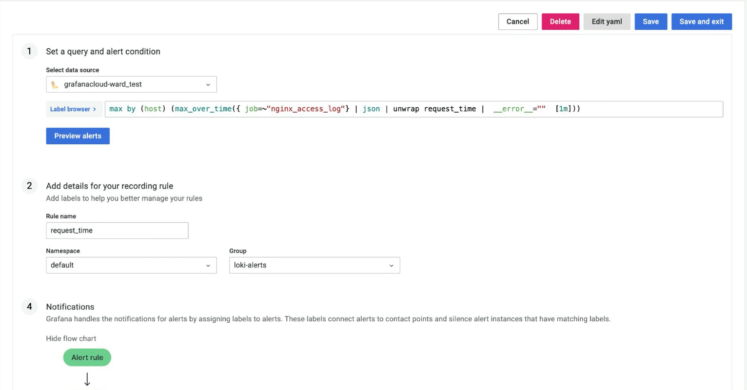 A screenshot shows how you can choose the data source and recording rules in Loki.