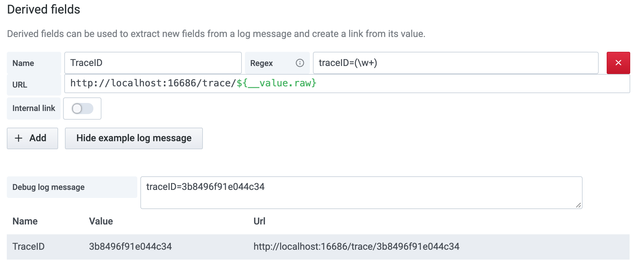 Screenshot of the derived fields debugging Screenshot of the derived fields debugging